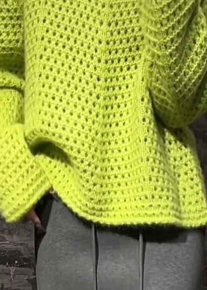 Suéter de punto de algodón calado con cuello redondo verde Vogue Primavera