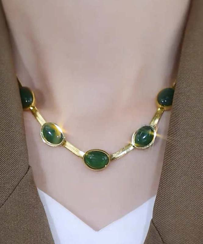 Collar de cuentas con incrustaciones de esmeralda y aleación de acero inoxidable verde Vogue