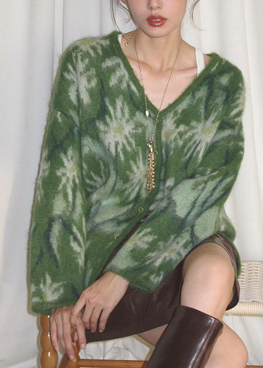 Modischer grüner Patchwork-Pullover aus Baumwolle mit V-Ausschnitt für den Frühling