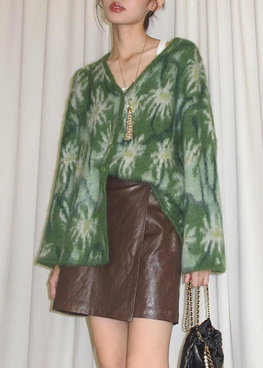 Modischer grüner Patchwork-Pullover aus Baumwolle mit V-Ausschnitt für den Frühling