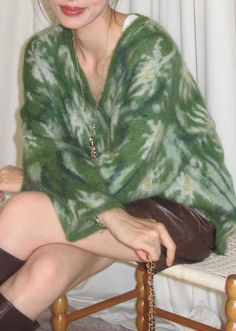 Modischer grüner Patchwork-Pullover aus Baumwolle mit V-Ausschnitt für den Frühling