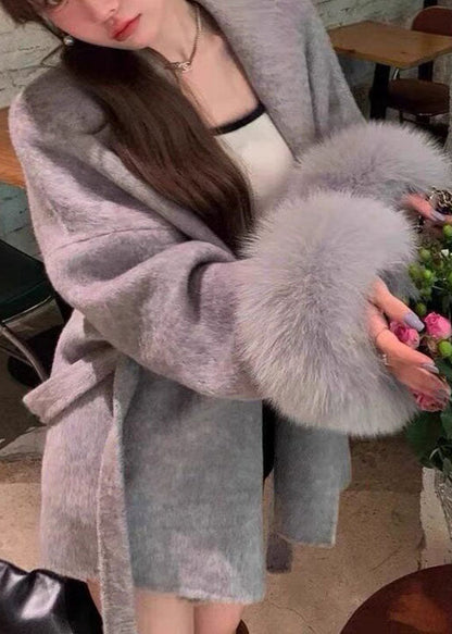 Vogue Grey V Neck Pockets Tie Waist Woolen Coat Long Sleeve