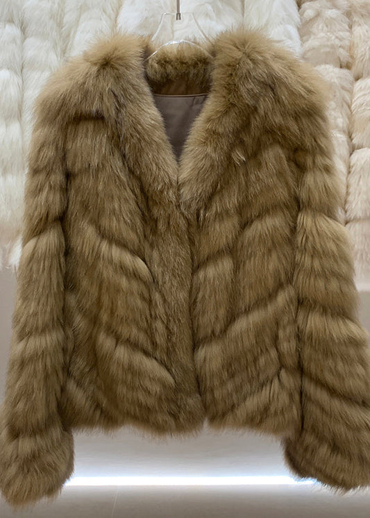 Vogue Khaki V Neck Leather And Fur Coats Winter