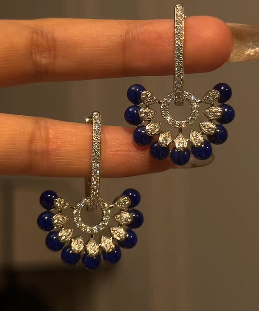 Vogue Navy Copper Zircon Floral Glass Tassel Drop Earrings