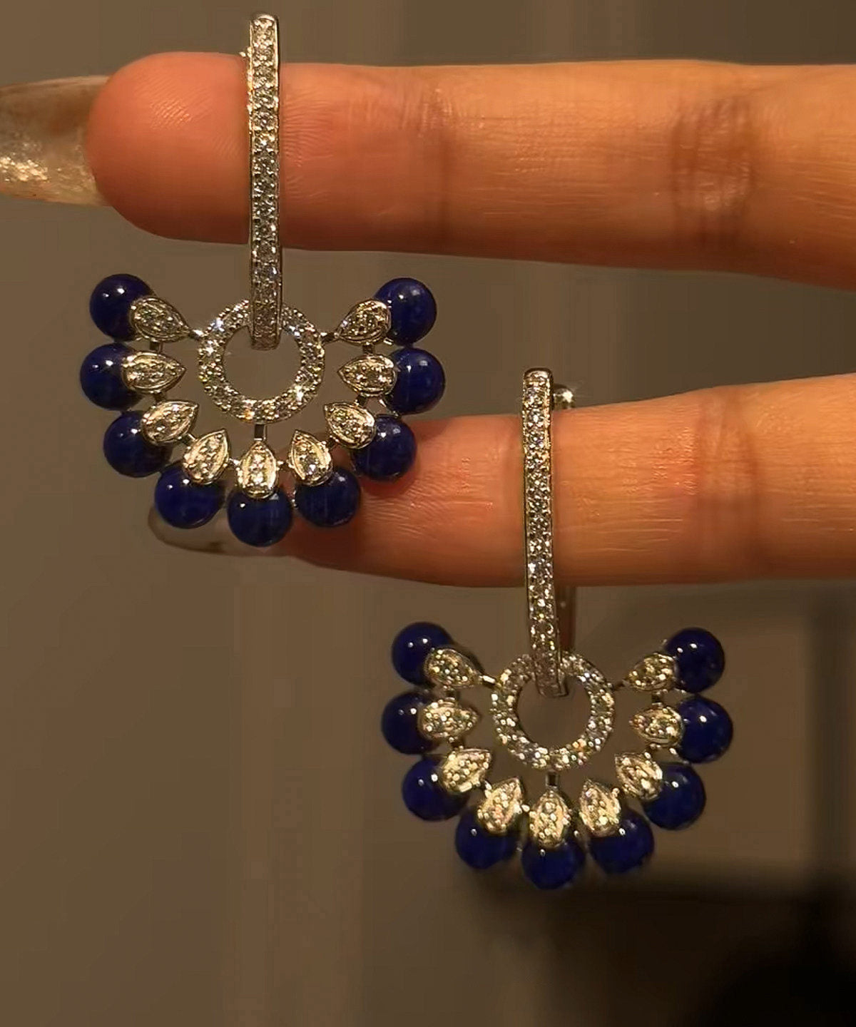 Vogue Navy Copper Zircon Floral Glass Tassel Drop Earrings