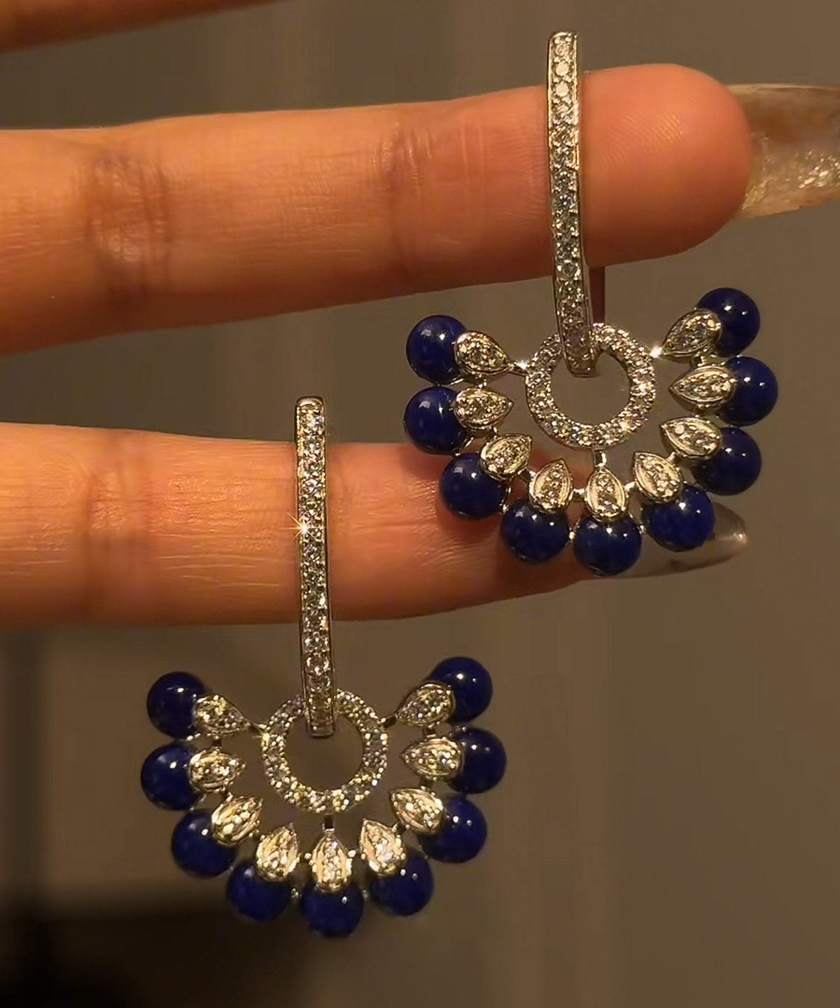 Vogue Navy Copper Zircon Floral Glass Tassel Drop Earrings
