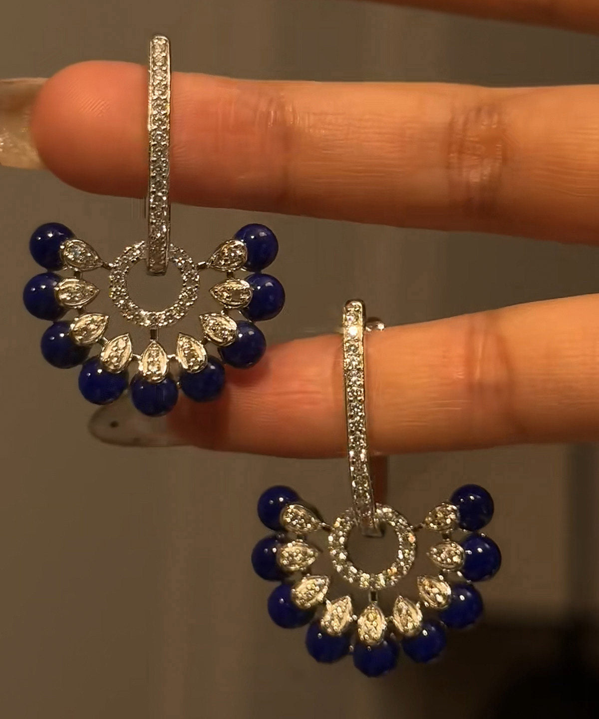 Vogue Navy Copper Zircon Floral Glass Tassel Drop Earrings