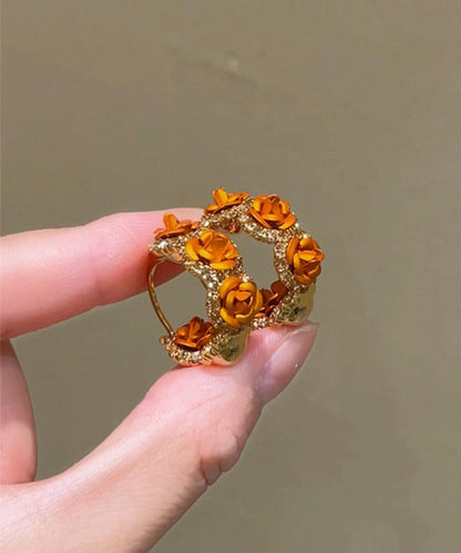 Pendientes de aro con rosa de circonita y aleación de cobre naranja Vogue