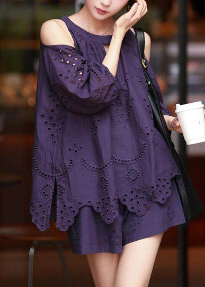 Vogue Purple Hollow Out Top And Shorts Two Piece Set Lantern Sleeve