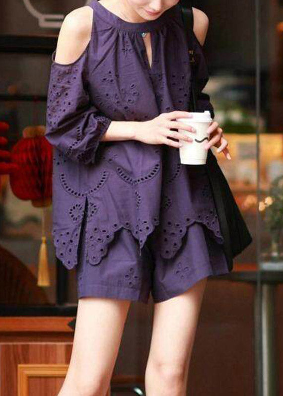 Vogue Purple Hollow Out Top And Shorts Two Piece Set Lantern Sleeve