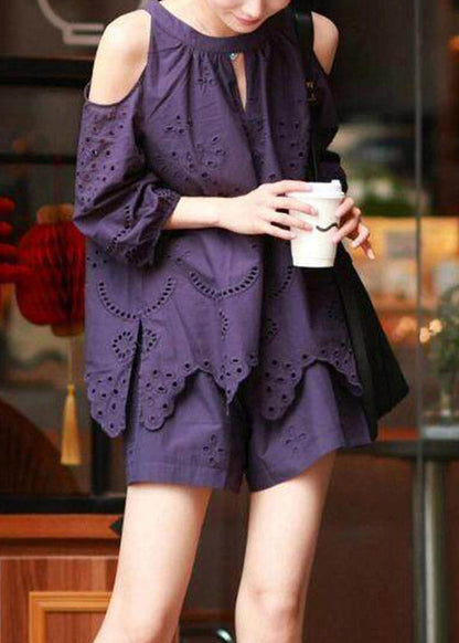 Vogue Purple Hollow Out Top And Shorts Two Piece Set Lantern Sleeve