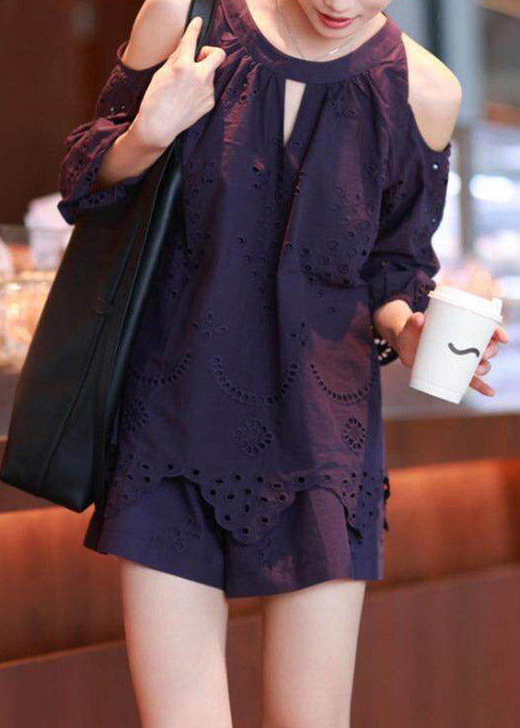 Vogue Purple Hollow Out Top And Shorts Two Piece Set Lantern Sleeve