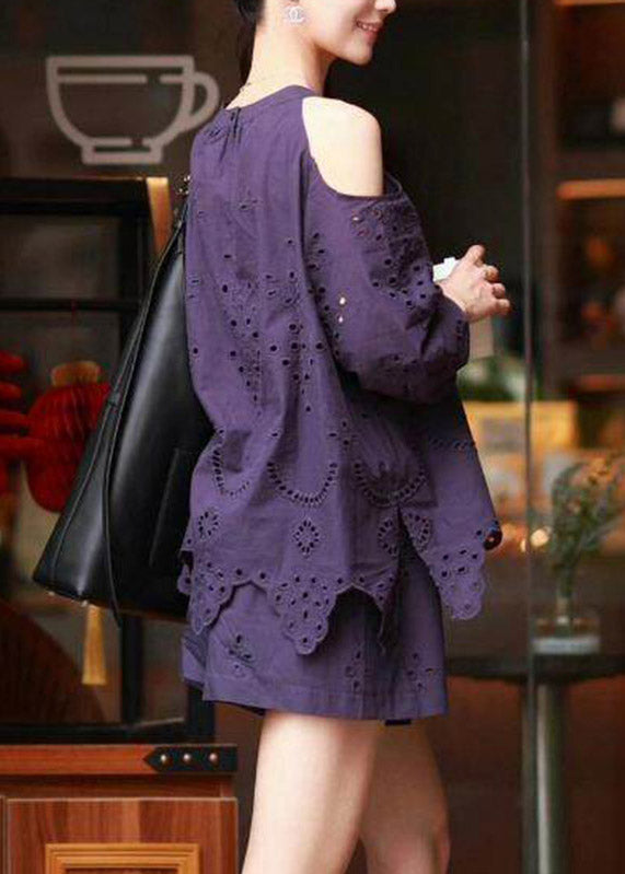 Vogue Purple Hollow Out Top And Shorts Two Piece Set Lantern Sleeve