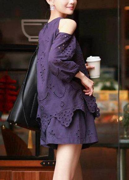 Vogue Purple Hollow Out Top And Shorts Two Piece Set Lantern Sleeve