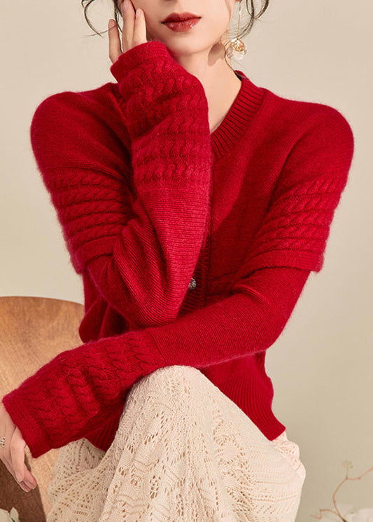 Modischer roter Knopfschal, Fake-Zweiteiler, dicker Baumwollstrickpullover, Frühling