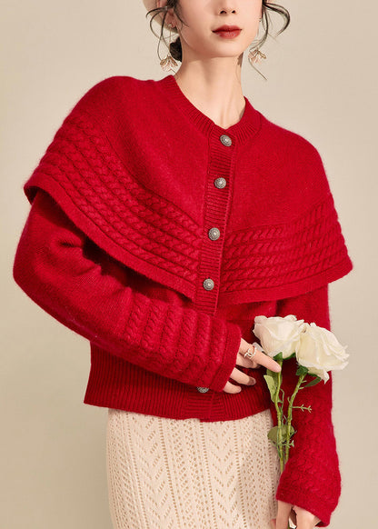 Suéter de punto de algodón grueso de dos piezas con chal y botones rojos de Vogue para primavera