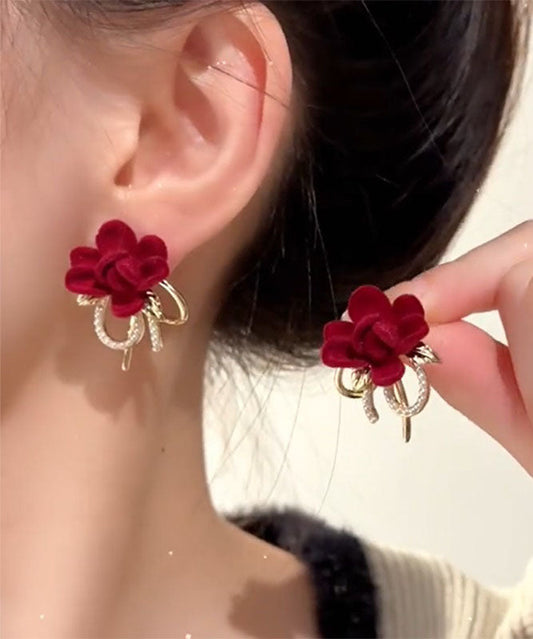 Vogue Red Copper Overgild Flocking Floral Pearl Bow Stud Earrings