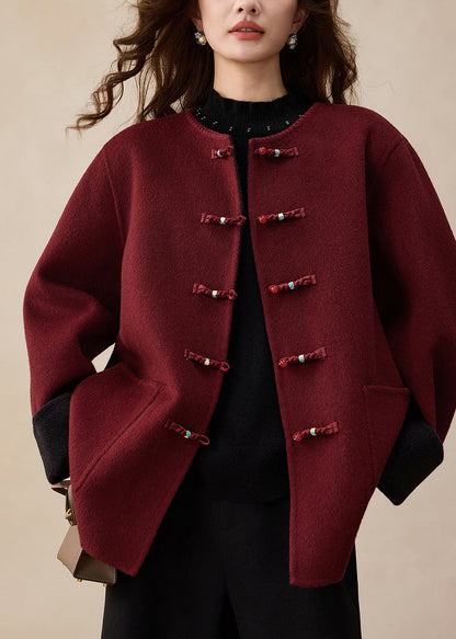 Vogue Red Pockets Patchwork Woolen Coat Spring