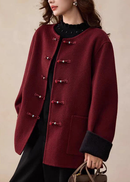 Vogue Red Pockets Patchwork Woolen Coat Spring