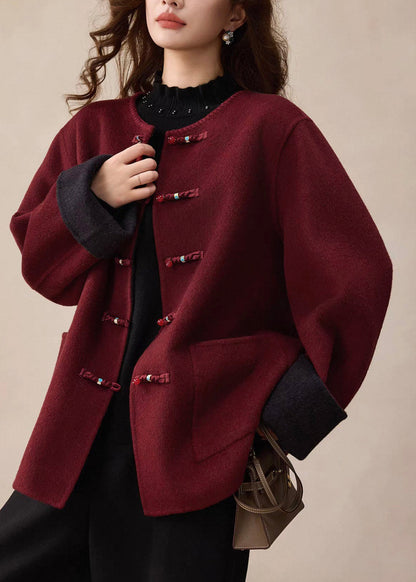 Vogue Red Pockets Patchwork Woolen Coat Spring