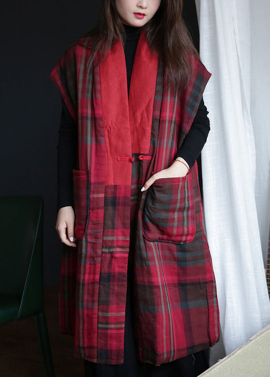 Vogue Rot V-Ausschnitt Plaid Button Warm Fleece Weste Winter