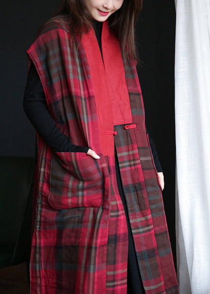Vogue Rot V-Ausschnitt Plaid Button Warm Fleece Weste Winter