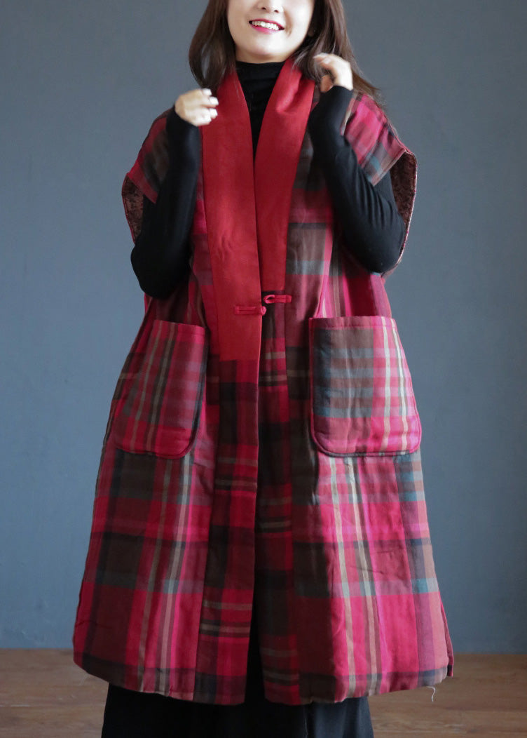 Vogue Rot V-Ausschnitt Plaid Button Warm Fleece Weste Winter