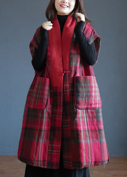Vogue Rot V-Ausschnitt Plaid Button Warm Fleece Weste Winter