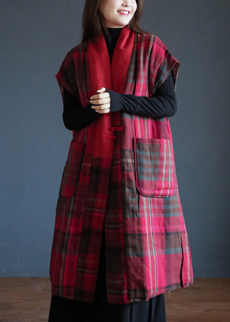 Vogue Rot V-Ausschnitt Plaid Button Warm Fleece Weste Winter