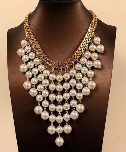Vogue White Alloy Pearl Layered Tassel Gratuated Bead Necklace