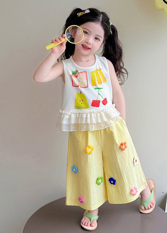 Vogue Yellow Print Ruffled Kids Top And Wide Leg Pants Two Piece Set Sleeveless