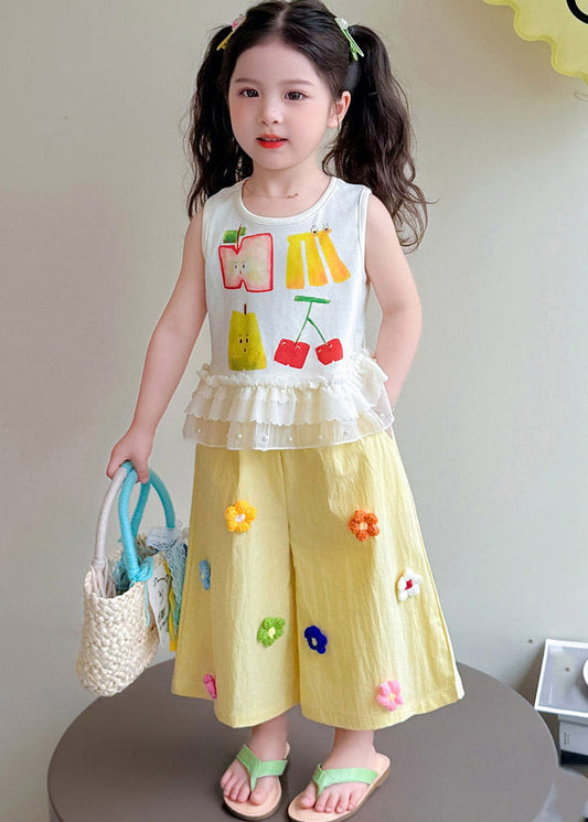 Vogue Yellow Print Ruffled Kids Top And Wide Leg Pants Two Piece Set Sleeveless