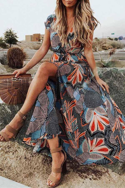 V-neck Short Sleeve Bohemian Maxi Dress - SooLinen