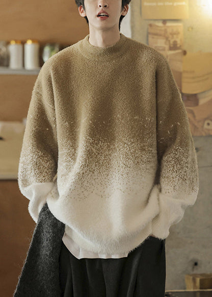 Warm Khaki Gradient Color Original Design Thick Knit Mens Sweaters