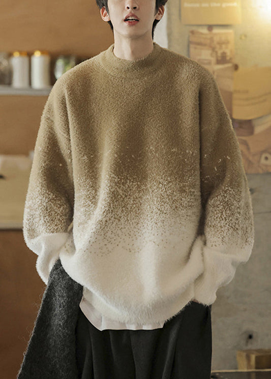 Warm Khaki Gradient Color Original Design Thick Knit Mens Sweaters