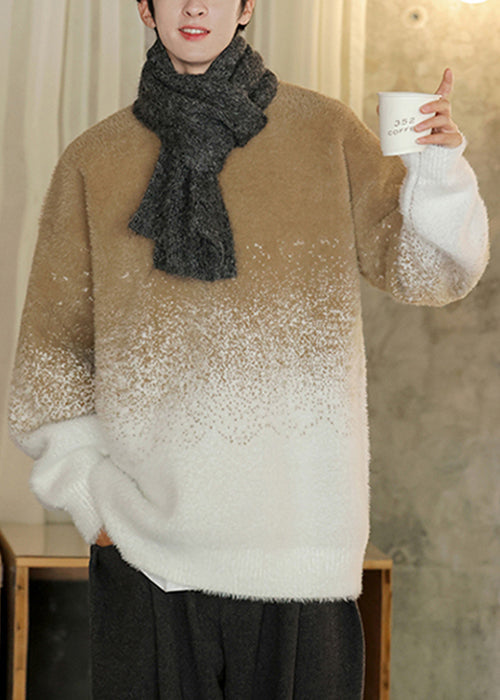Warm Khaki Gradient Color Original Design Thick Knit Mens Sweaters