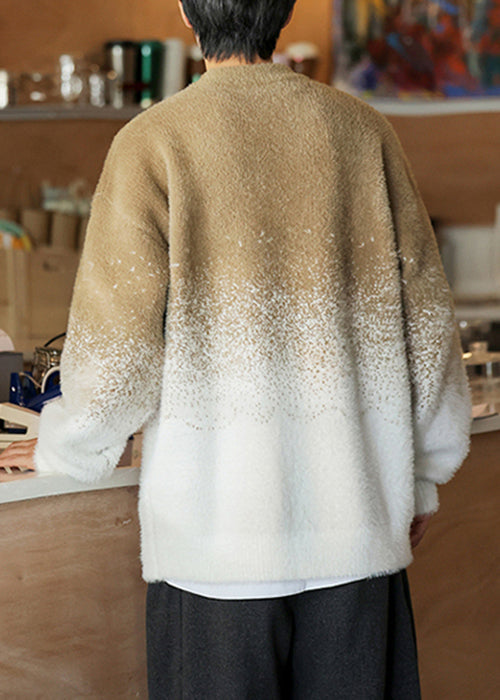Warm Khaki Gradient Color Original Design Thick Knit Mens Sweaters