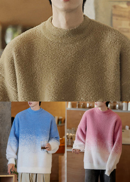 Warm Khaki Gradient Color Original Design Thick Knit Mens Sweaters