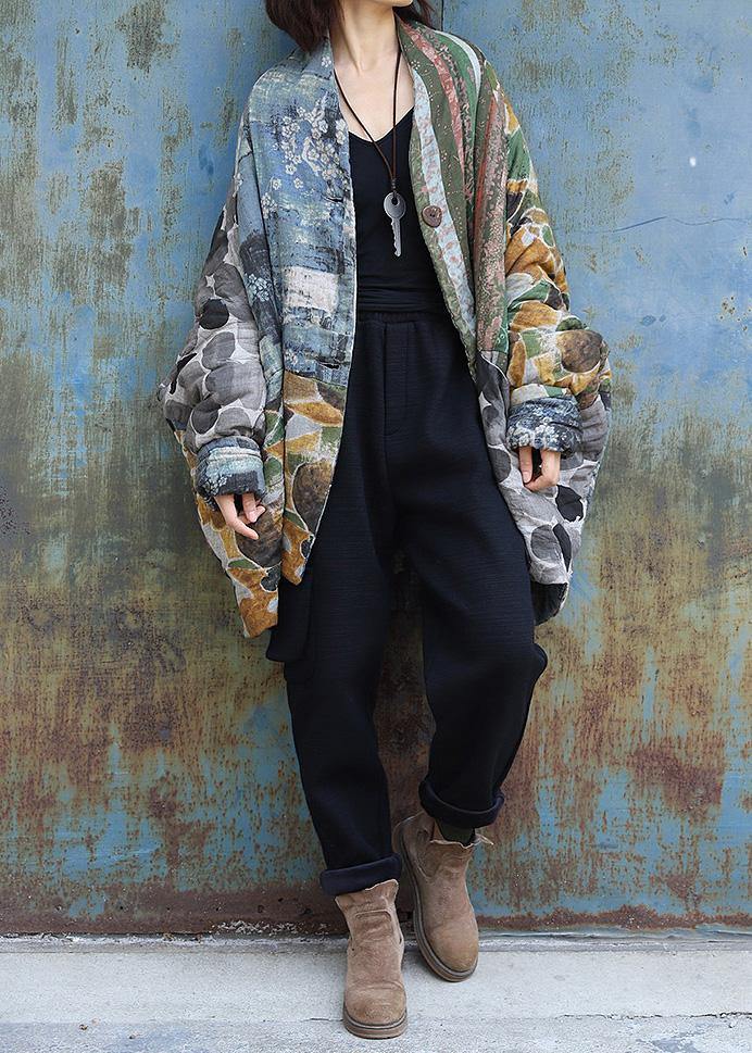 Warm Loose fitting Jackets & Coats patchwork outwear prints v neck winter outwear - SooLinen