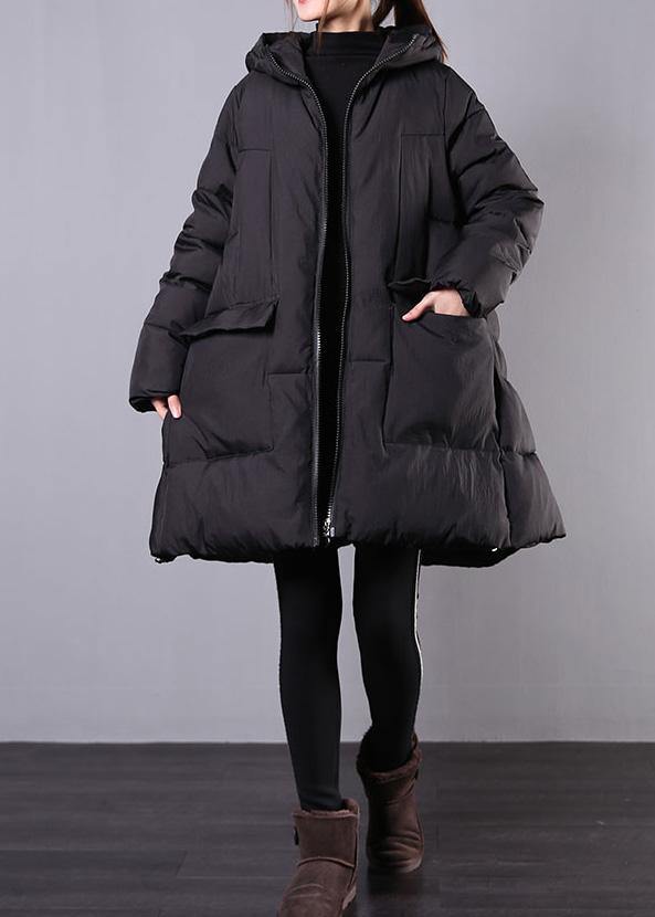 Warm Loose fitting Jackets & Coats winter outwear black hooded zippered womens coats - SooLinen