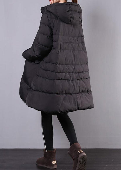 Warm Loose fitting Jackets & Coats winter outwear black hooded zippered womens coats - SooLinen