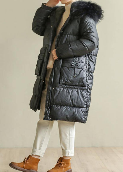 Warm Loose fitting womens parka hooded winter outwear black faux fur collar winter coat - SooLinen