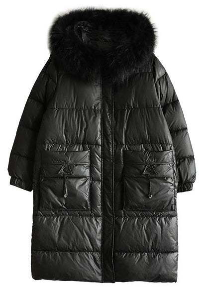 Warm Loose fitting womens parka hooded winter outwear black faux fur collar winter coat - SooLinen