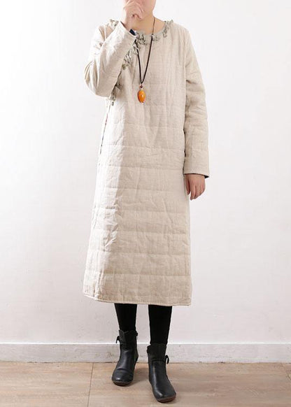 Warm beige coats casual snow jackets Chinese Button side open winter outwear - SooLinen
