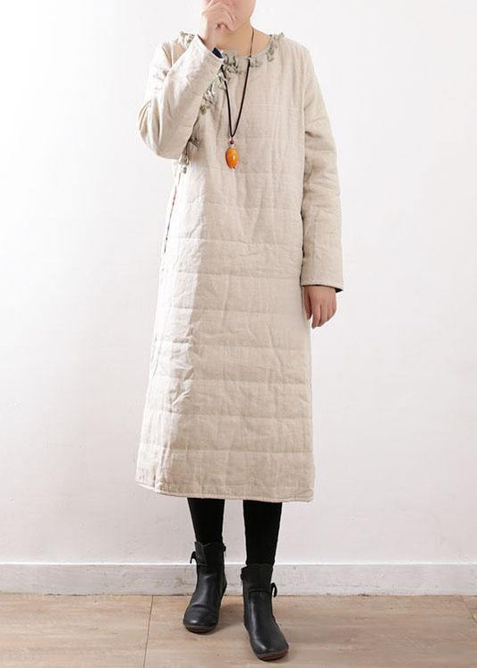 Warm beige coats casual snow jackets Chinese Button side open winter outwear - SooLinen