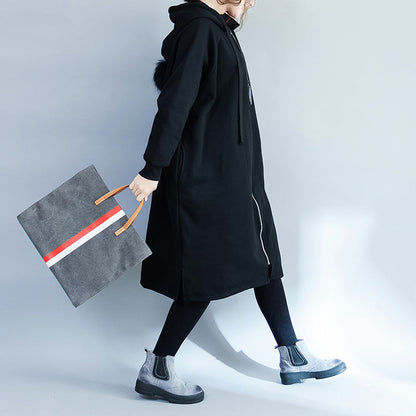 Warme schwarze Parkas für Damen, lässige Kapuzenmäntel, Jacke, lässiger seitlich offener Mantel