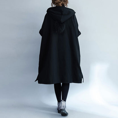 Warme schwarze Parkas für Damen, lässige Kapuzenmäntel, Jacke, lässiger seitlich offener Mantel