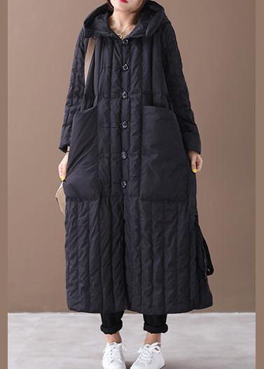 Warm black coat Loose fitting winter jacket hooded Large pockets New winter outwear - SooLinen