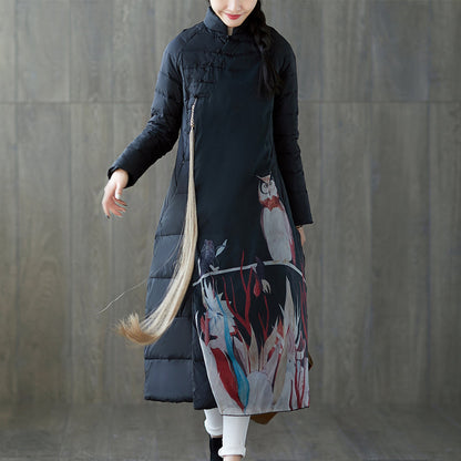 Warmer schwarzer Daunenmantel mit Print, übergroßer Stehkragen, Patchwork-Daunenjacke, chinesischer Button-Down-Mantel
