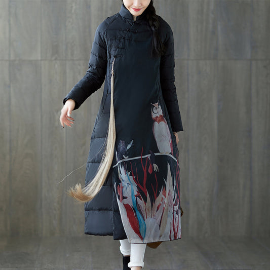 Warmer schwarzer Daunenmantel mit Print, übergroßer Stehkragen, Patchwork-Daunenjacke, chinesischer Button-Down-Mantel